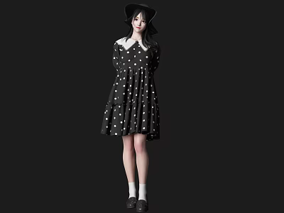 Woman In Stylish Black Polka Dot Dress With White Collar Black Hat And White Socks 3d model