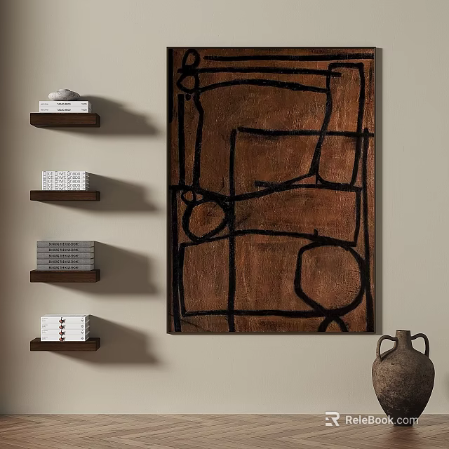 Abstract Painting On Wall With Brown Background Black Lines Floating Shelves Books And Ceramic Vase 3d model 