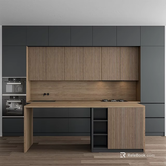 Modern Kitchen Interior With Wooden Vertical Slat Cabinets And Gray Cabinetry 3d model 