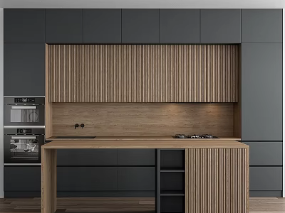 Modern Kitchen Interior With Wooden Vertical Slat Cabinets And Gray Cabinetry 3d model