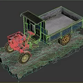 Detailed Blue Tractor Trailer Model on Grass Covered Stone Base