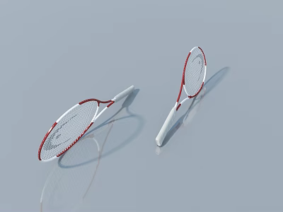 Two Red And White Badminton Rackets On Light Blue Background With Shadows 3d model