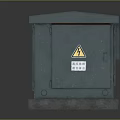 Outdoor Green Computer Cabinet With Double Doors Yellow Warning Signs And Gray Pedestal