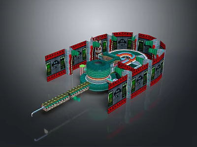 Complex 3D Model of Circular Structure With Green Red Components And Surrounding Modules 3d model