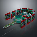 Complex 3D Model of Circular Structure With Green Red Components And Surrounding Modules