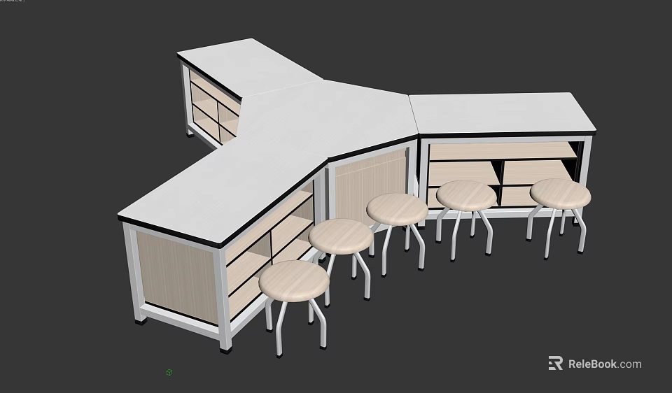 Modern Corner Bar Counter Design With White Countertop Storage Cabinets And Four Stools 3d model 