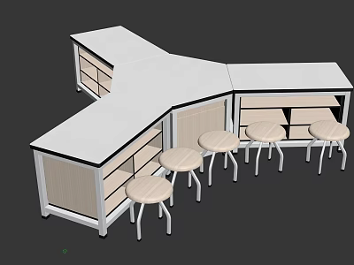 Modern Corner Bar Counter Design With White Countertop Storage Cabinets And Four Stools 3d model