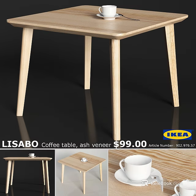 IKEA LISABO Coffee Table with Ash Veneer and Wooden Legs Design 3d model 