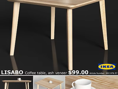 IKEA LISABO Coffee Table with Ash Veneer and Wooden Legs Design 3d model