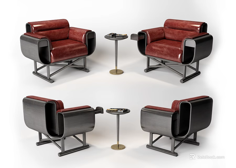 Red Leather Single Sofa with Black Frame and Small Round Table Modern Design 3d model