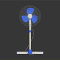 Modern Standing Electric Fan With Blue Blades And White Base For Home Cooling Use