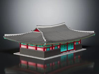 Cartoon Scene Traditional Korean Building With Gray Tiled Roof Red Decorations Blue Windows And Reflection 3d model