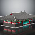 Cartoon Scene Traditional Korean Building With Gray Tiled Roof Red Decorations Blue Windows And Reflection