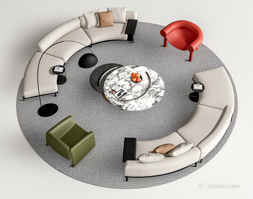 Modern Circular Sofa Coffee Table Set With Marble Top And Accent Chairs 3d model