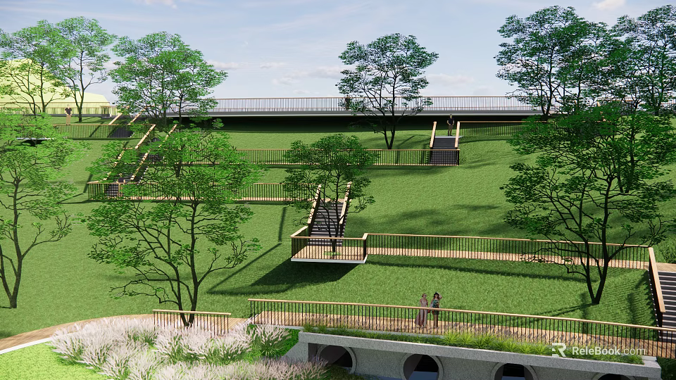 Scenic Park Landscape With Lush Green Lawn Tall Trees Wooden Walkways And Pedestrian Bridge 3d model 