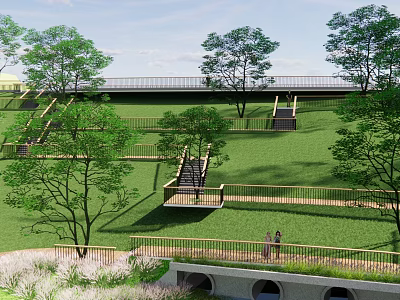 Scenic Park Landscape With Lush Green Lawn Tall Trees Wooden Walkways And Pedestrian Bridge 3d model