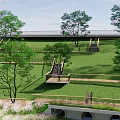 Scenic Park Landscape With Lush Green Lawn Tall Trees Wooden Walkways And Pedestrian Bridge