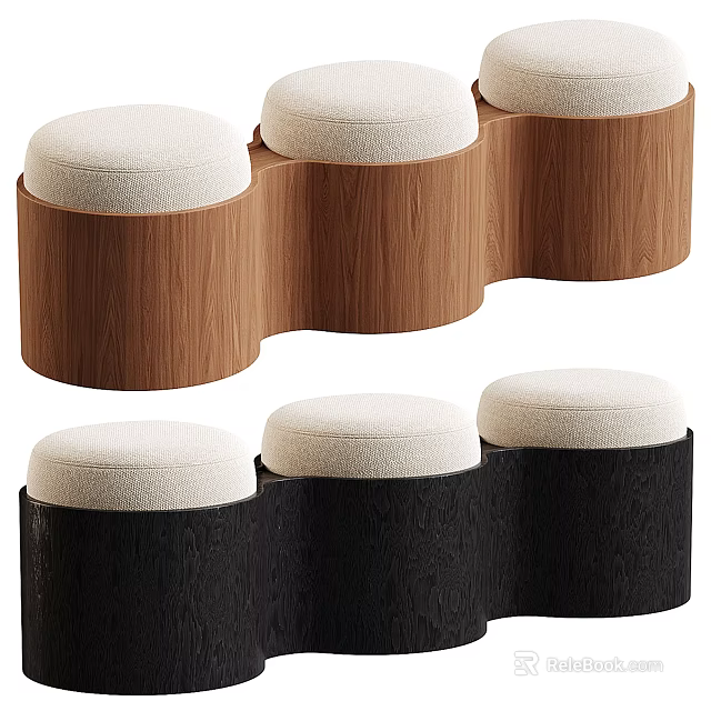 Modern Sofa Stools With White Cushions And Wave Shaped Brown Black Wooden Base 3d model 