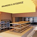 Boulangerie Patisserie Interior Design With Display Shelves Cashier Counter And Pastry Cases