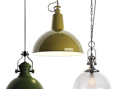 Various Green And Transparent Glass Pendant Lights With Metal Frames And Unique Shades 3d model