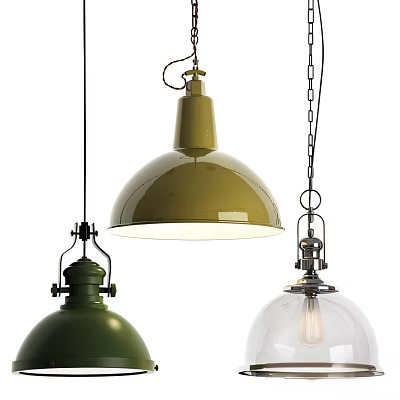 Various Green And Transparent Glass Pendant Lights With Metal Frames And Unique Shades 3d model