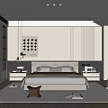 Modern Bedroom Interior With Bed Nightstands Pendant Lights Striped Rug Decorative Wall Art Accent Chair
