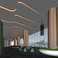 Modern Lounge Area With Green Walls Wooden Columns Large Windows City View And Hanging Lights