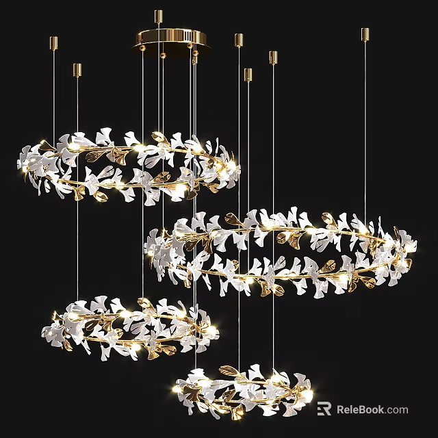 Stylish Modern Chandelier with Circular Design and Gold White Flower Leaf Decoration for Interior Spaces 3d model 