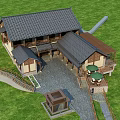 Traditional Ancient Architecture Roof Design With Slate Courtyard Wooden Columns And Green Grass