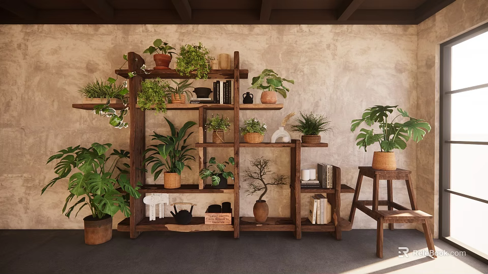 Indoor Bonsai And Potted Plants Display On Wooden Shelf With Various Greenery And Books 3d model 