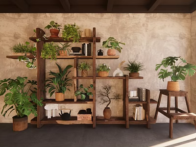 Indoor Bonsai And Potted Plants Display On Wooden Shelf With Various Greenery And Books 3d model