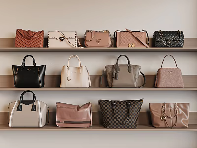 Various Stylish Handbags Displayed On Shelves With Different Colors And Designs 3d model