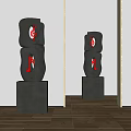 Contemporary Black and White Sculptures Featuring Red Musical Notes on Pedestals in Modern Interior