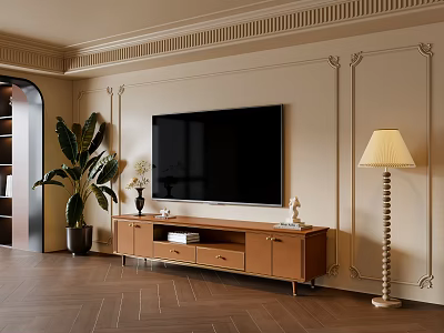Stylish TV Stand With Flat Screen TV Decorative Wall Panels Herringbone Floor And Floor Lamp 3d model