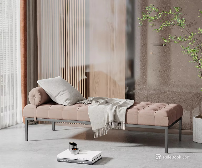 Light Pink Sofa Bench With Metal Legs Gray Cushion And Blanket Near Green Plant 3d model 
