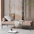 Light Pink Sofa Bench With Metal Legs Gray Cushion And Blanket Near Green Plant