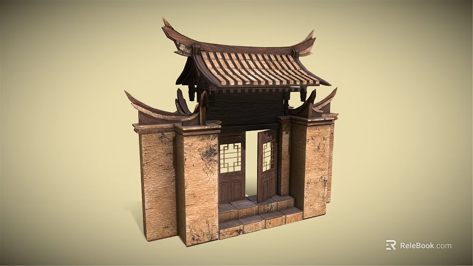Traditional Chinese Entrance Gate With Classic Roof Tiles And Stone Walls Lattice Windows 3d model 