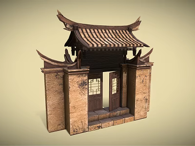 Traditional Chinese Entrance Gate With Classic Roof Tiles And Stone Walls Lattice Windows 3d model