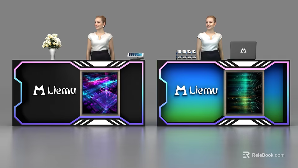 Modern Liemu Reception Desk with Colorful Digital Screens Staff and Flower Vase 3d model 