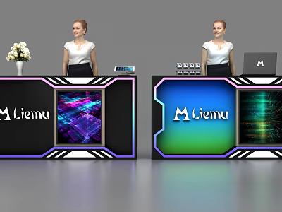 Modern Liemu Reception Desk with Colorful Digital Screens Staff and Flower Vase 3d model