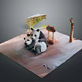 Two Adorable Pandas Model Scene With Wooden Signboard And Green Plants