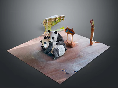 Two Adorable Pandas Model Scene With Wooden Signboard And Green Plants 3d model