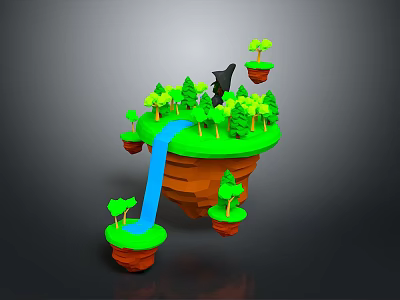 3D Fantasy Floating Island Scene With Green Grass Trees Blue Waterfall And Black Animal 3d model