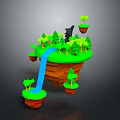 3D Fantasy Floating Island Scene With Green Grass Trees Blue Waterfall And Black Animal