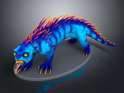 Blue Striped Fantasy Creature With Colorful Spines Yellow Eyes Sharp Claws Tongue Out On Base 3d model