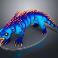 Blue Striped Fantasy Creature With Colorful Spines Yellow Eyes Sharp Claws Tongue Out On Base
