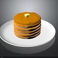 Stacked Pancakes on a White Plate Topped with Yellow Syrup and Butter