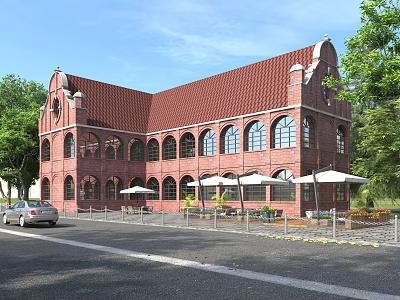 Single Family Red Brick Villa With Red Roof Arched Windows Outdoor Seating Trees And Car 3d model