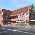 Single Family Red Brick Villa With Red Roof Arched Windows Outdoor Seating Trees And Car