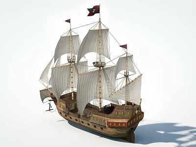 Vintage Wooden Sailing Ship With Multiple Masts White Sails And Decorative Flags 3d model